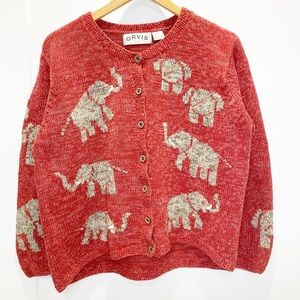 Orvis Orange Elephant Print Chunky Thick Knit Grandpa Cardigan Sweater
